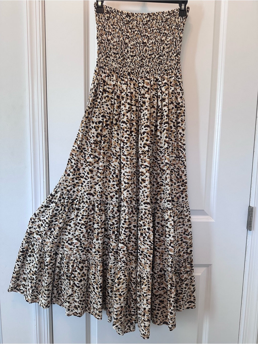 The Home — Holiday The Luna Midi Strapless Smocked Bodice Animal Print Dress
